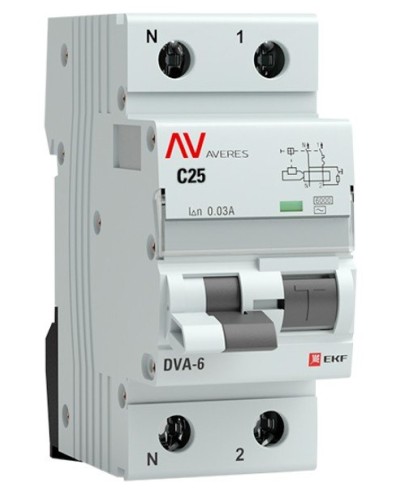 DVA-6 1P+N 25А (C) 30мА (AC) 6кА  AVERES (rcbo6-1pn-25C-30-ac-av). Автоматический выключатель дифференциального тока. EKF в Великом Новгороде