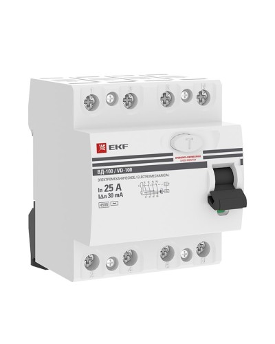 УЗО ВД-100 4P 25А 30мА тип AC эл-мех  PROxima (elcb-4-25-30-em-pro). Выключатель дифференциального тока (УЗО). EKF в Великом Новгороде