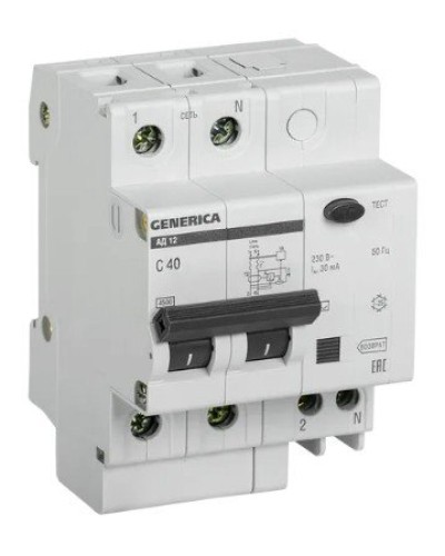 GENERICA АД12 2Р 40А 30мА (MAD15-2-040-C-030). Автоматический выключатель дифференциального тока. IEK в Великом Новгороде