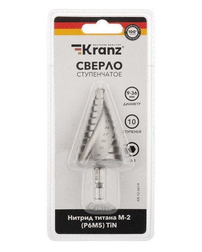 Сверло по металлу ступенчатое ТИТАН 9,0-36,0 мм 110 mm 65 HRC Р6М5 TiN Kranz (KR-12-6614): Сверло по металлу шлифованное в Великом Новгороде